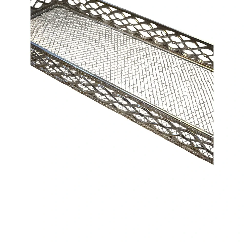 Vintage Silver Tone Mesh Vanity Tray Rectangular Filigree Lattice Organizer